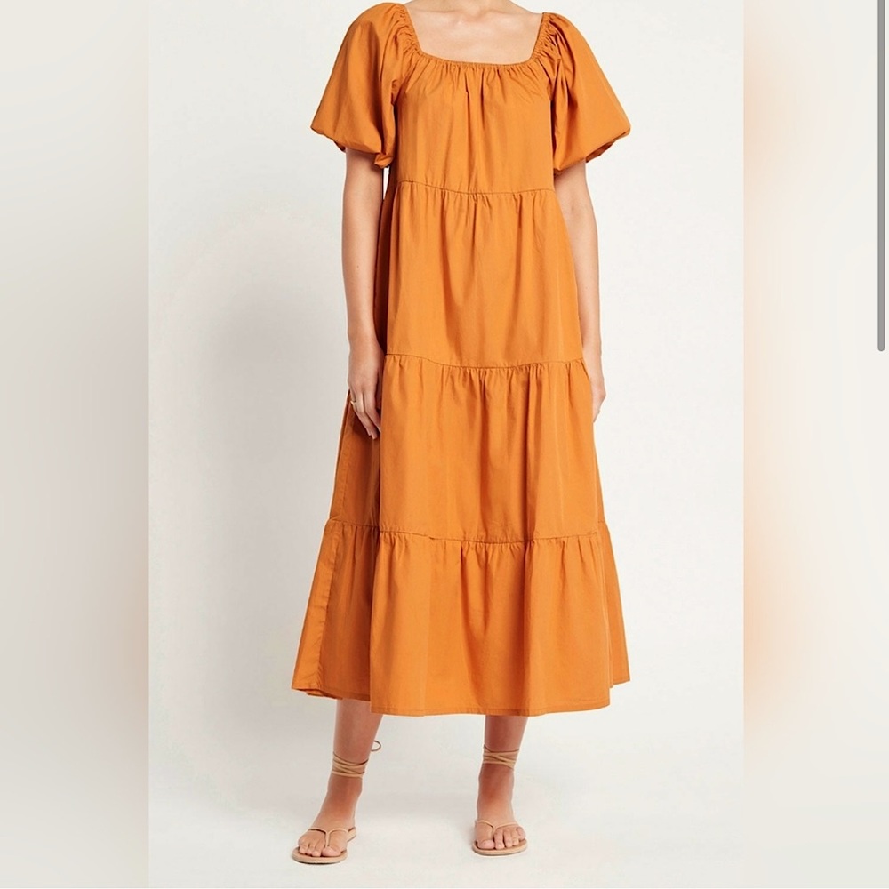 Faithfull The Brand Ronan tiered ruffle puff sleeve midi dress in Orange